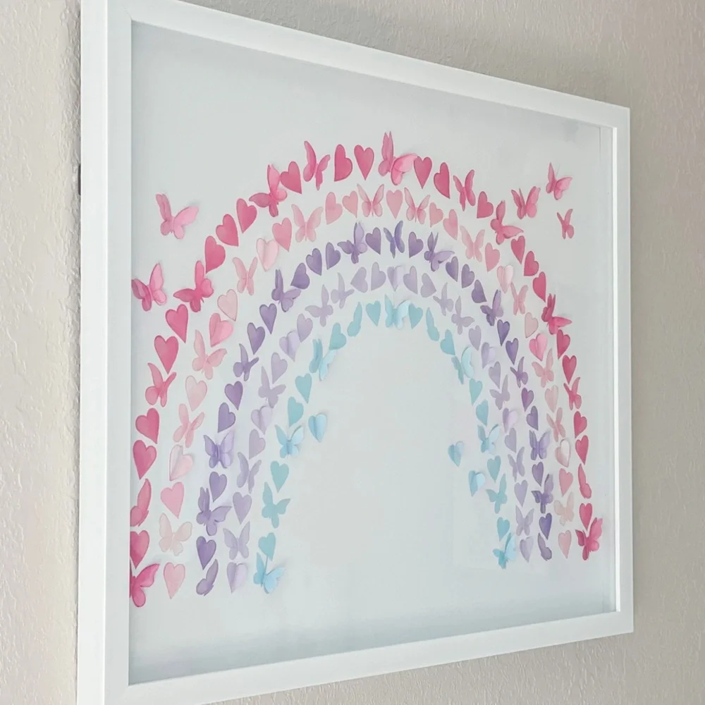 Framed Butterfly Heart Rainbow Wall Art White Decor